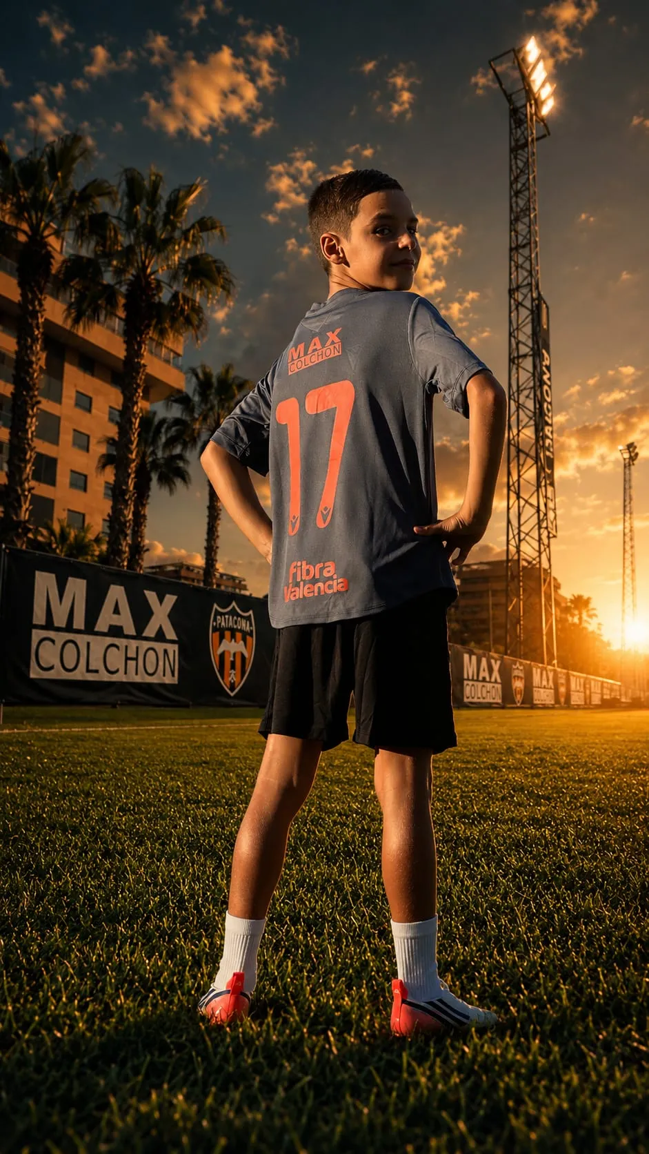 Nathan v drese Patacona CF s číslom 17 na ihrisku pri západe slnka